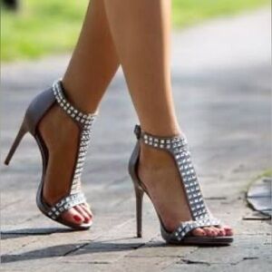 BCBGMAXAZRIA Diana Crystal
Studded T-Strap Satin Sandal
Heels
